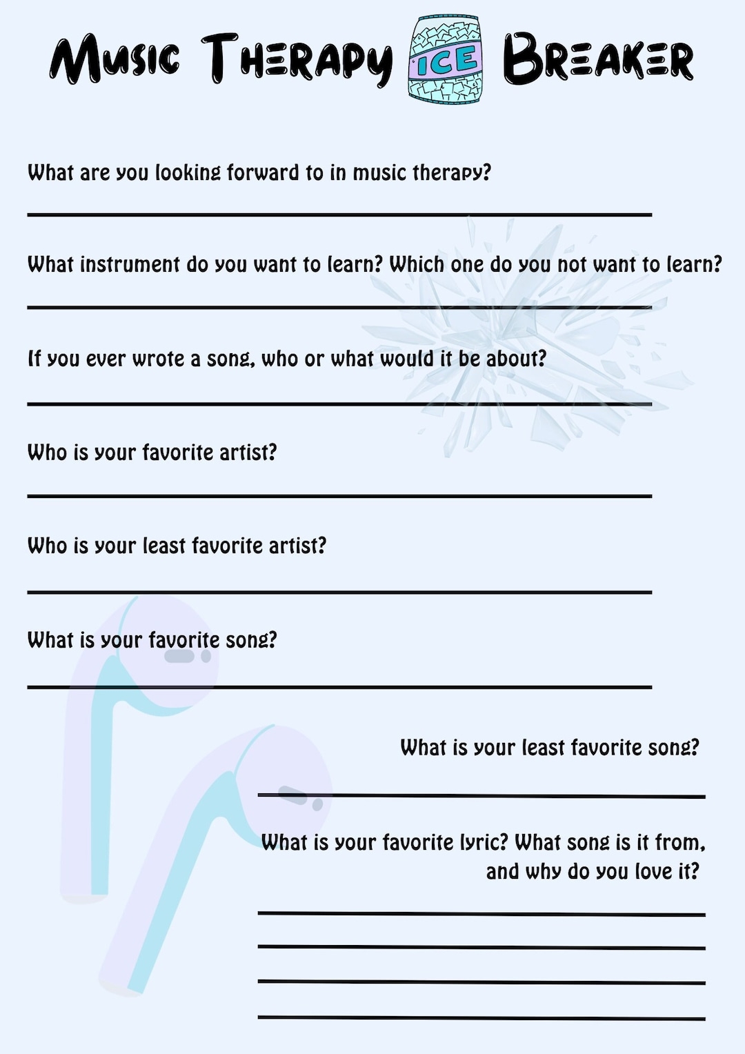 Music Therapy Ice Breaker Worksheet Intervention Etsy