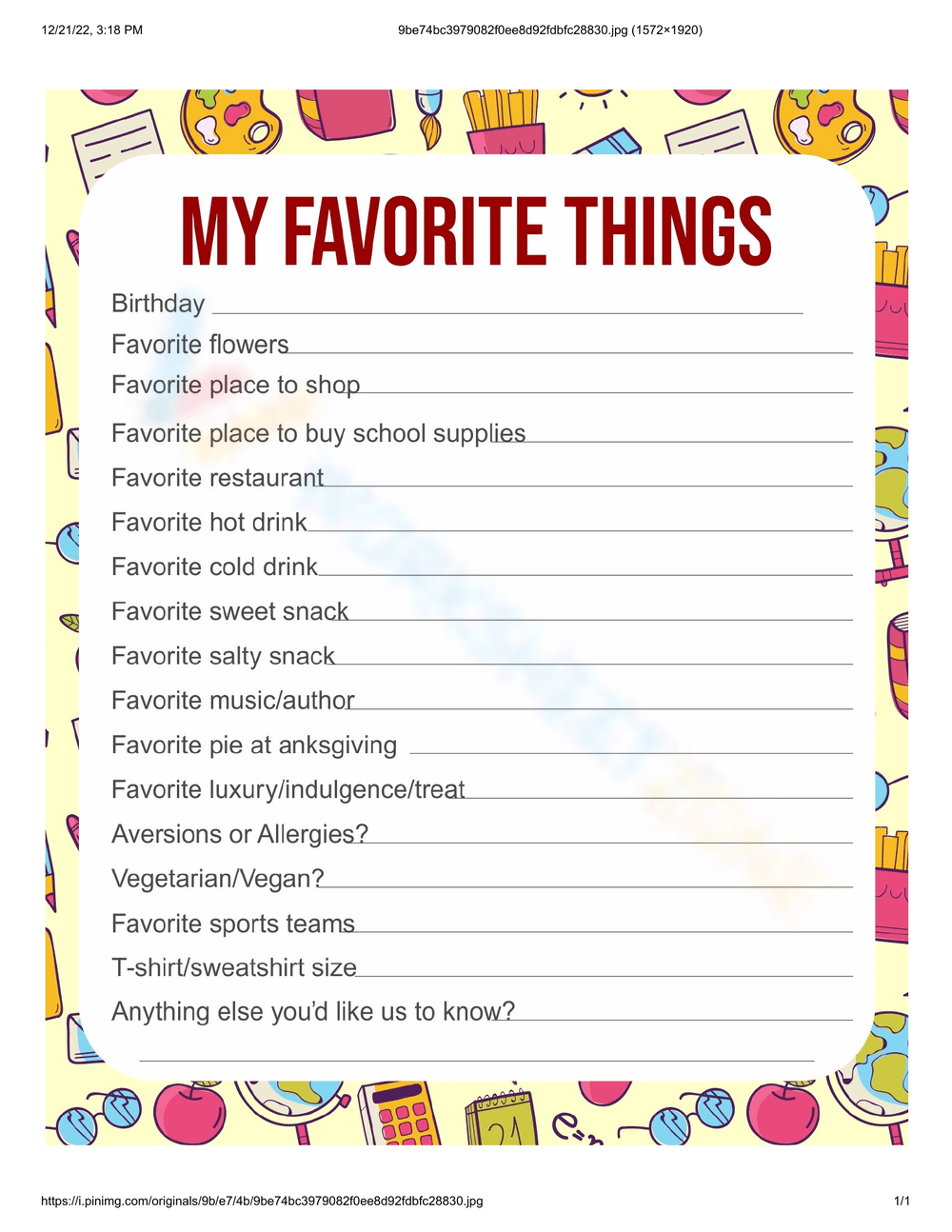 my favorite things worksheet pdf free