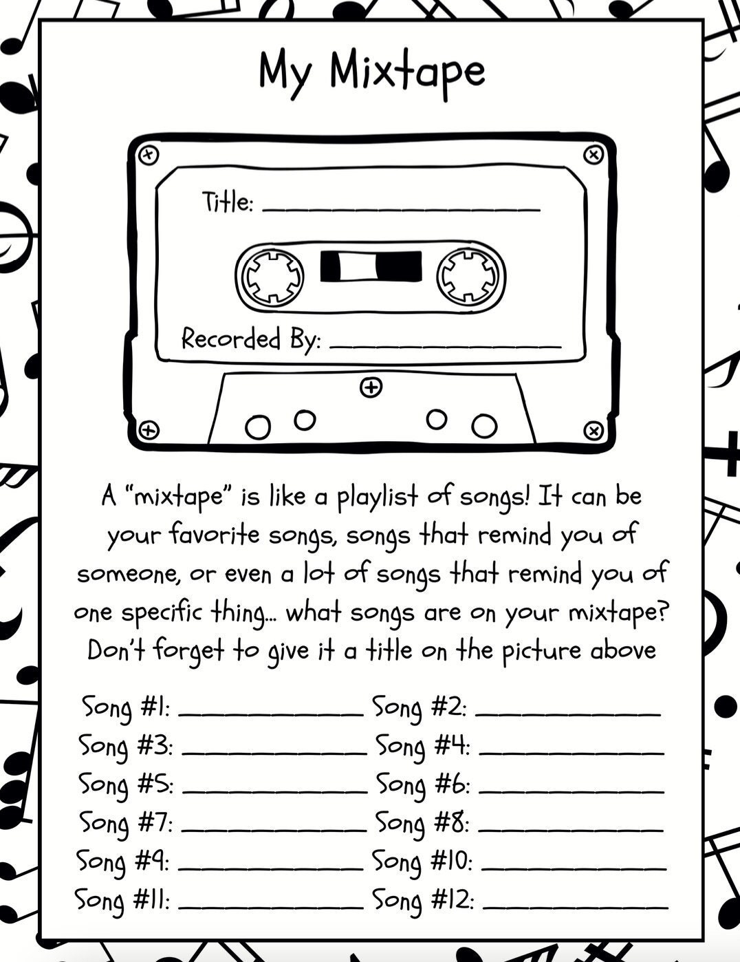 My Mixtape Worksheet Music Therapy For Kids Creative Therapeutic Emotional Expression Mindfulness Coping Playlist Building Etsy