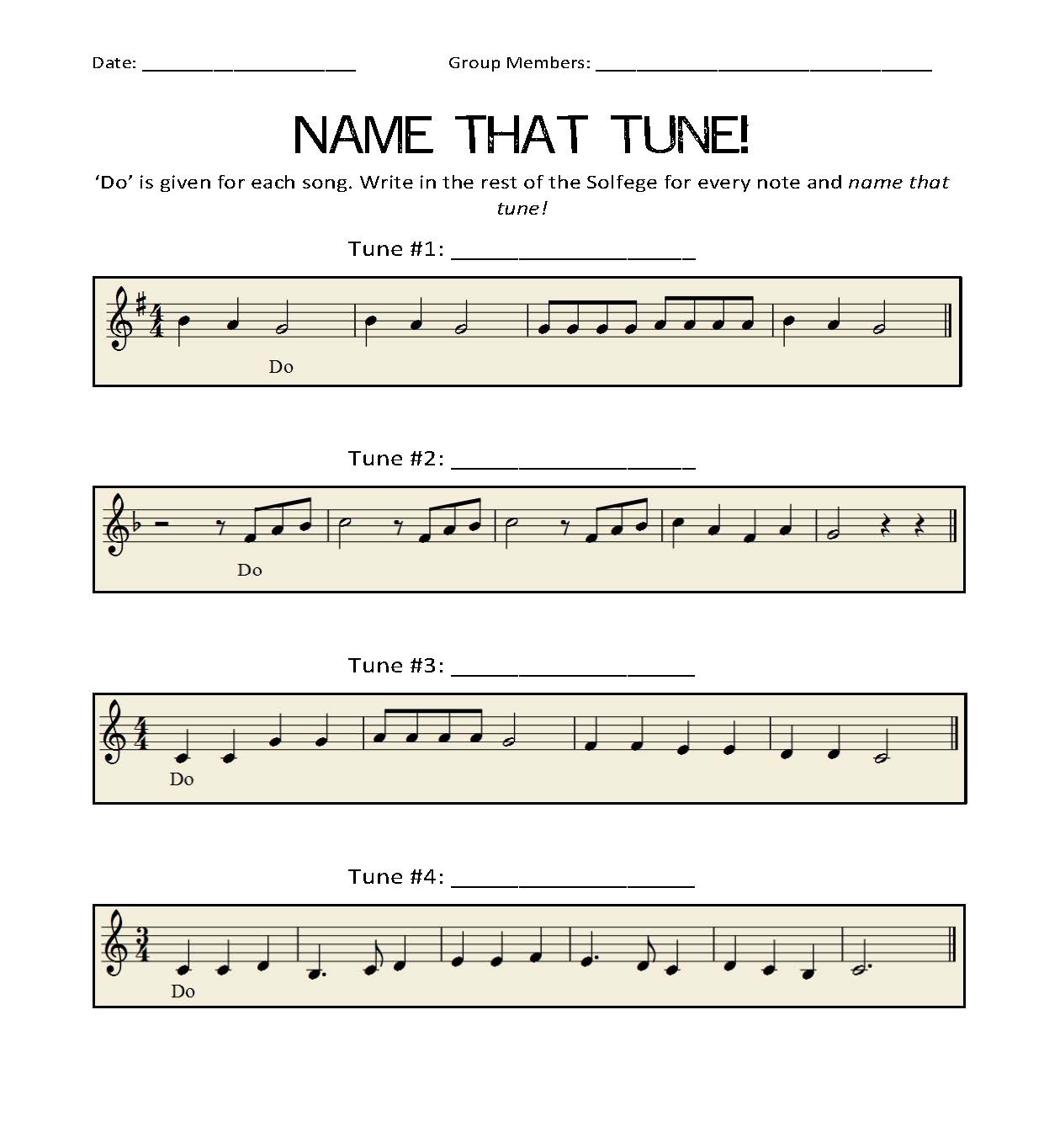 Name That Tune Solfege Worksheet Music Service Learning