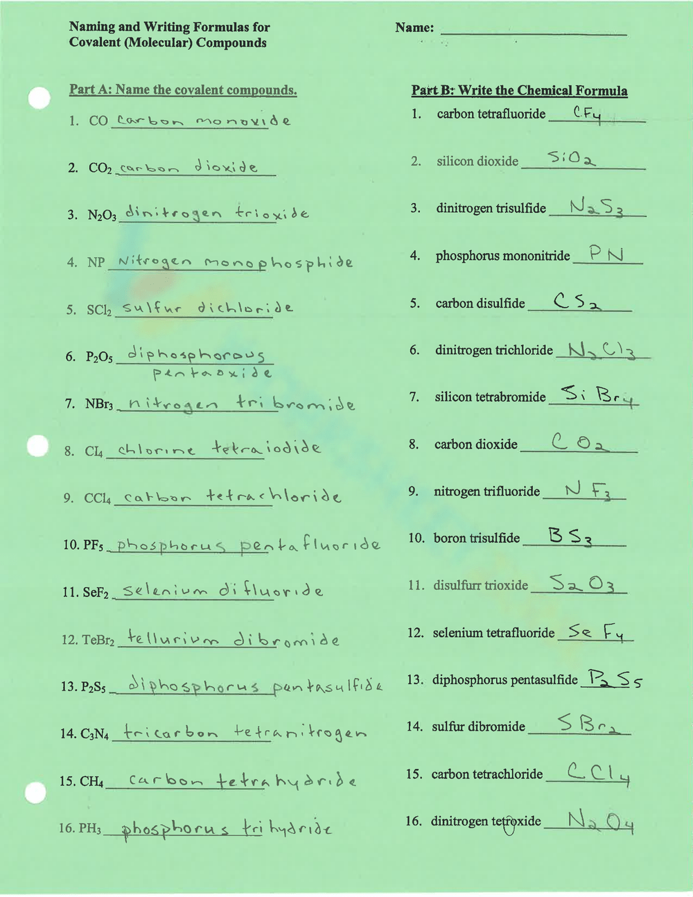 Naming And Writing Covalent Compounds And KEY Worksheet Naming And Writing Covalent Compounds And KEY Worksheet