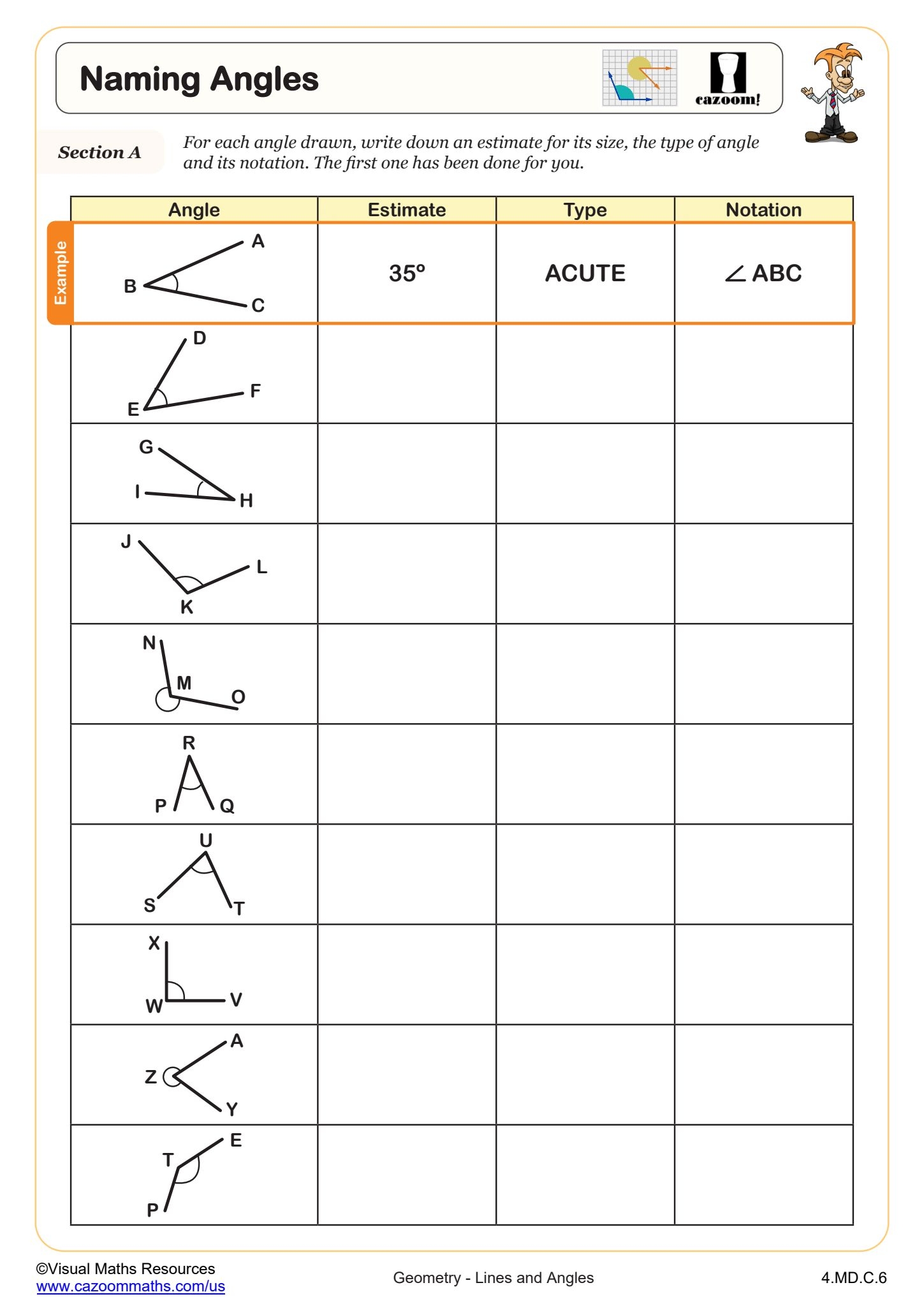 Naming Angles Worksheet PDF Printable Geometry Worksheet Cazoom Math