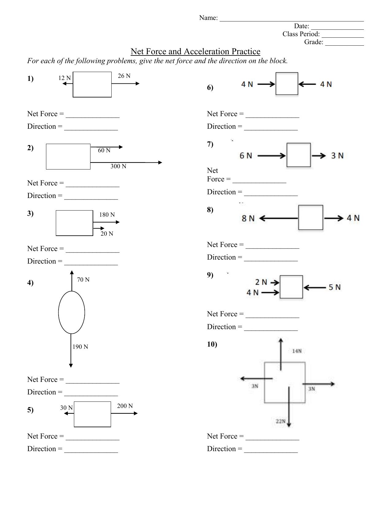 Net Force And Acceleration Practice Worksheet