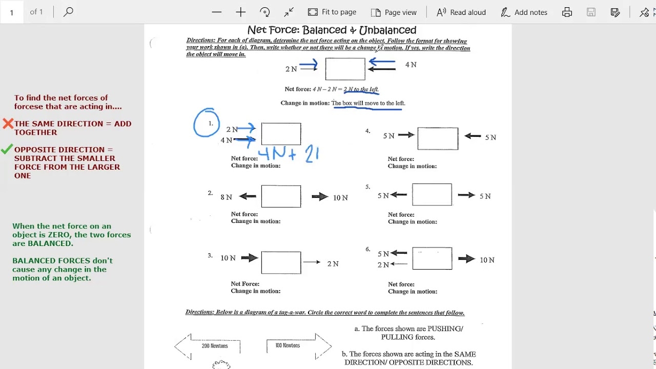 Net Force Balanced Unbalanced Worksheet YouTube
