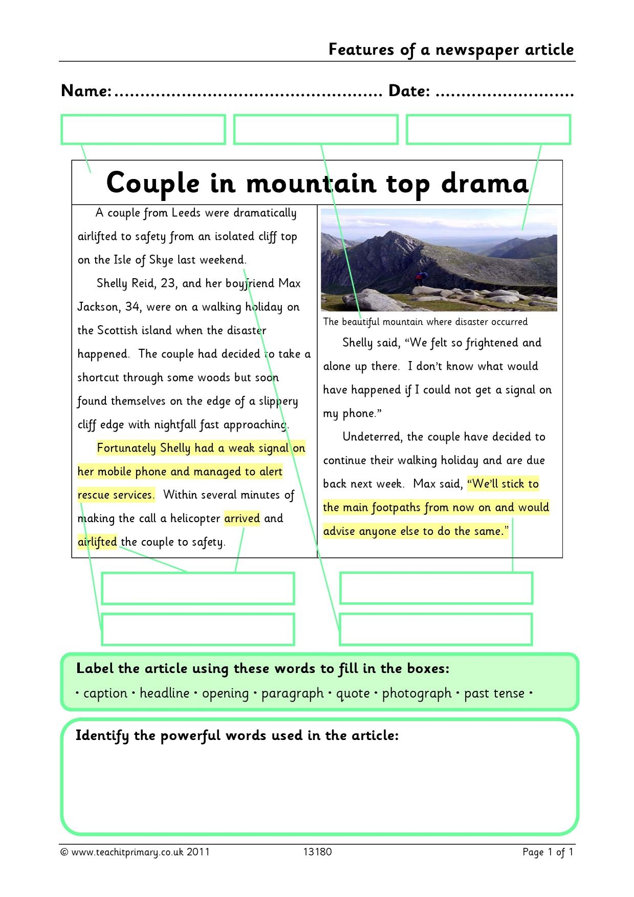 Newspaper Article Worksheet For 5th 6th Grade Lesson Planet Worksheets Library