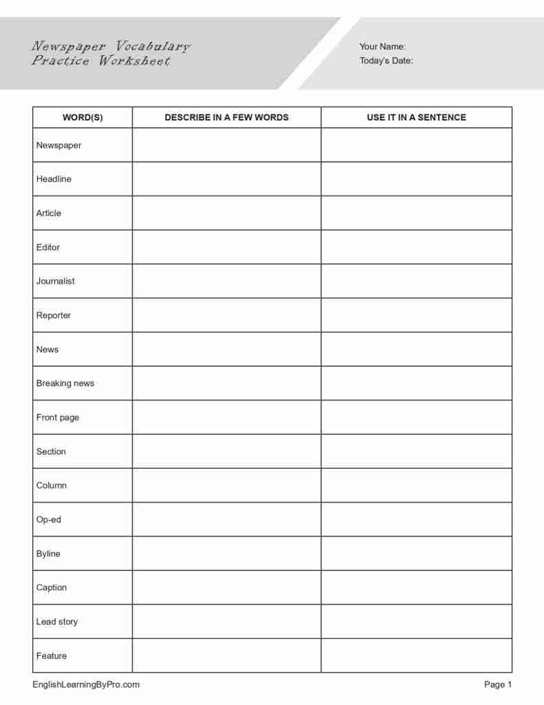 Newspaper Vocabulary Practice Worksheet Editable Fillable Printable PDF EnglishLearningByPro