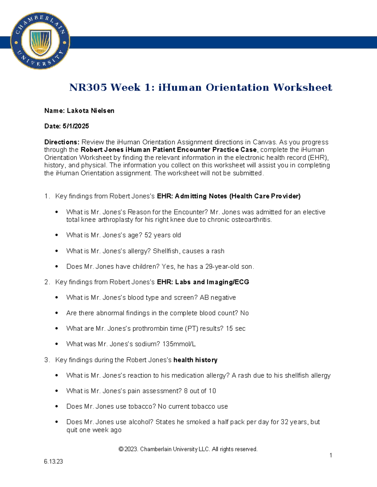 NR305 Week 1 IHuman Orientation Worksheet For Robert Jones Assessment Studocu