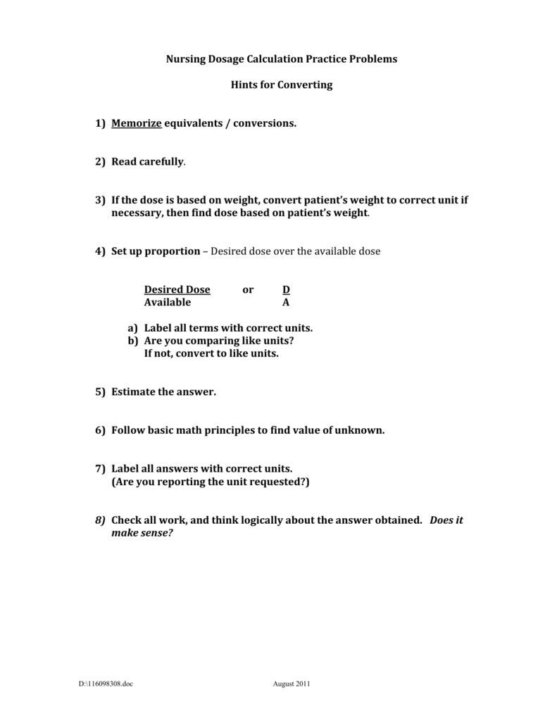 Nursing Dosage Calculation Practice Problems Nursing Dosage Calculation Practice Problems