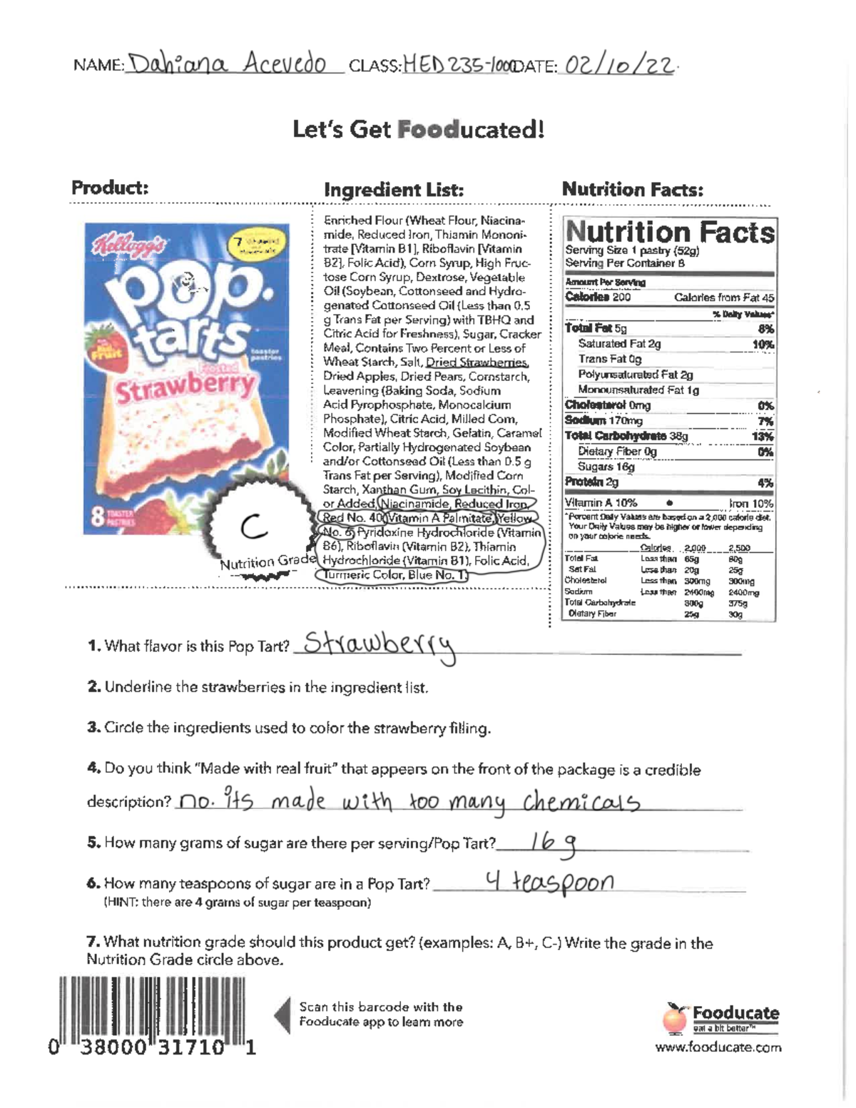 Nutrition Class Homework 2 Analyzing Food Labels For Pop Tarts Studocu