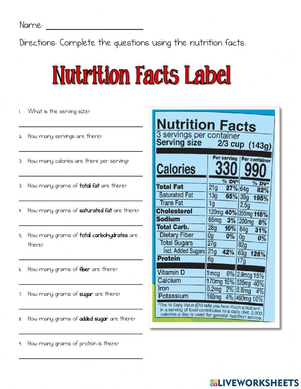 answer key for nutrition label worksheet