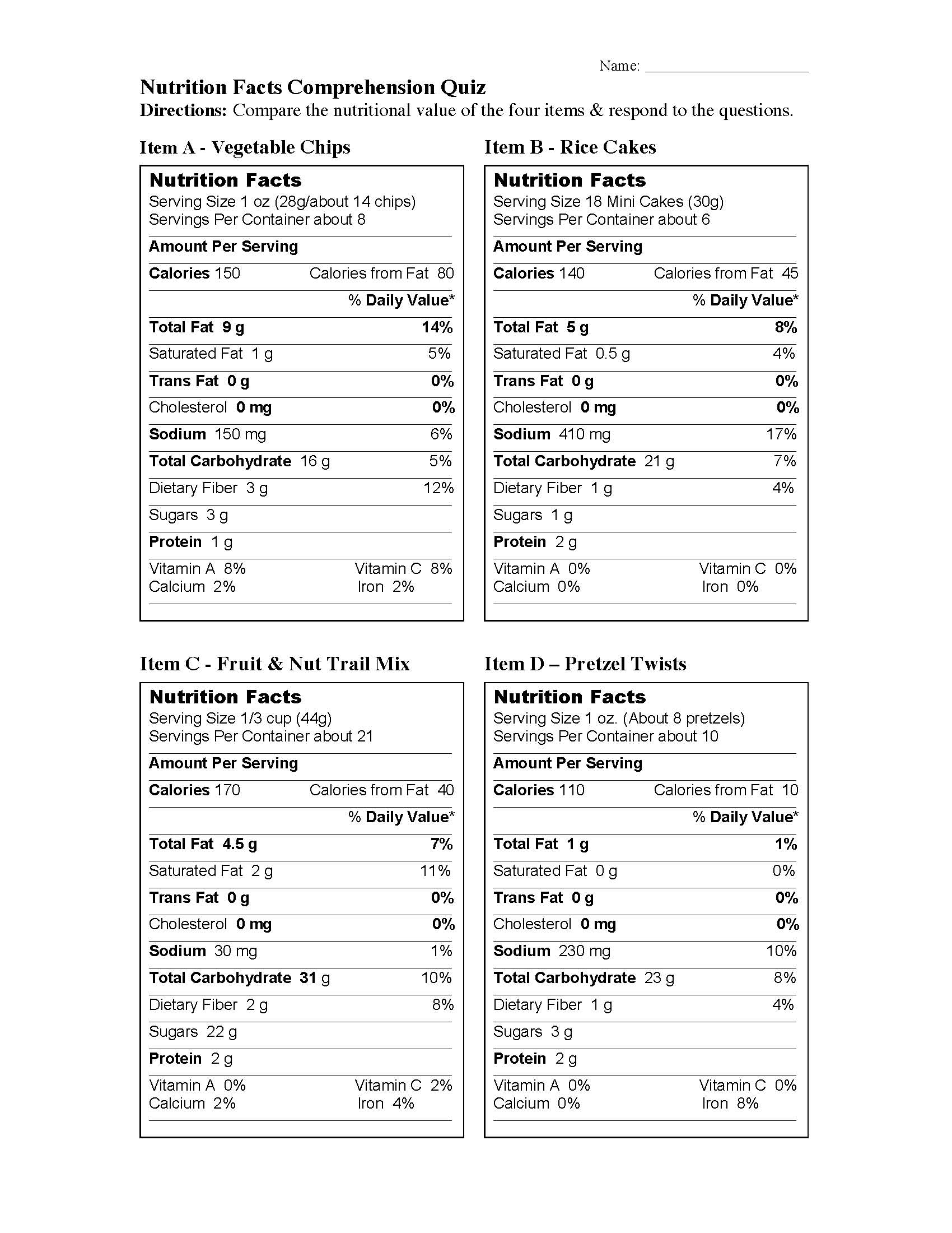 nutrition label worksheet answer key