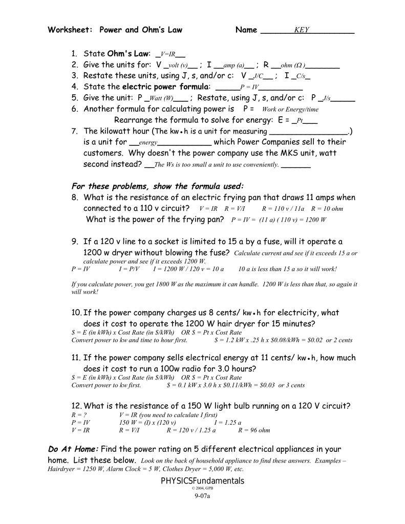 Ohm s Law And Power Worksheet Physics Problems