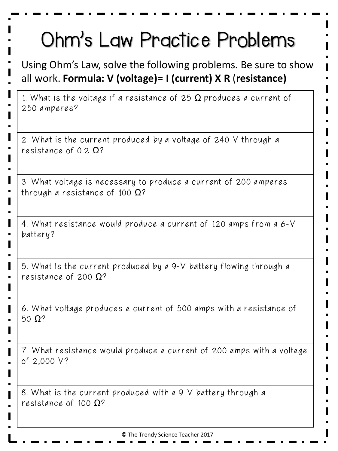 Ohm s Law Practice Problems Worksheet With Answer Key