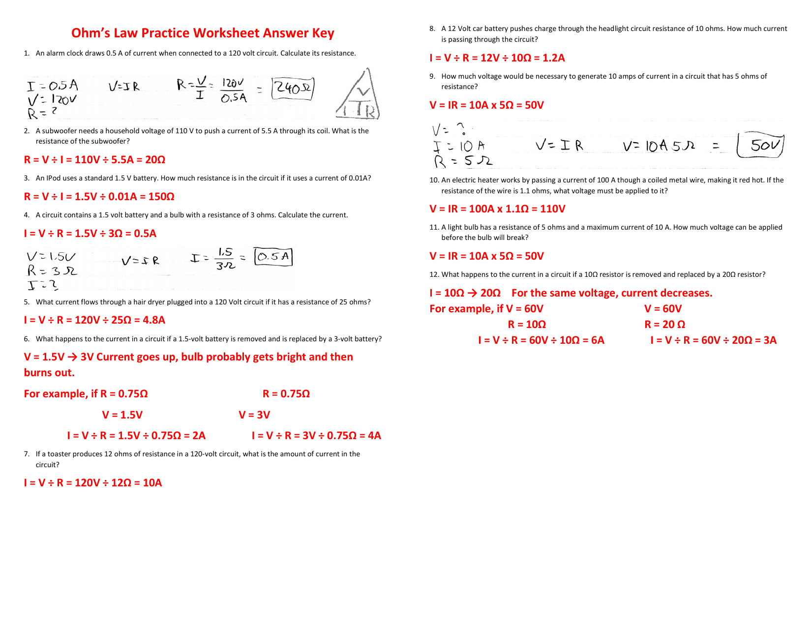 Ohm s Law Practice Worksheet With Answer Key