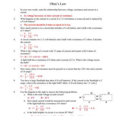 Ohm s Law Worksheet Voltage Current Resistance Practice