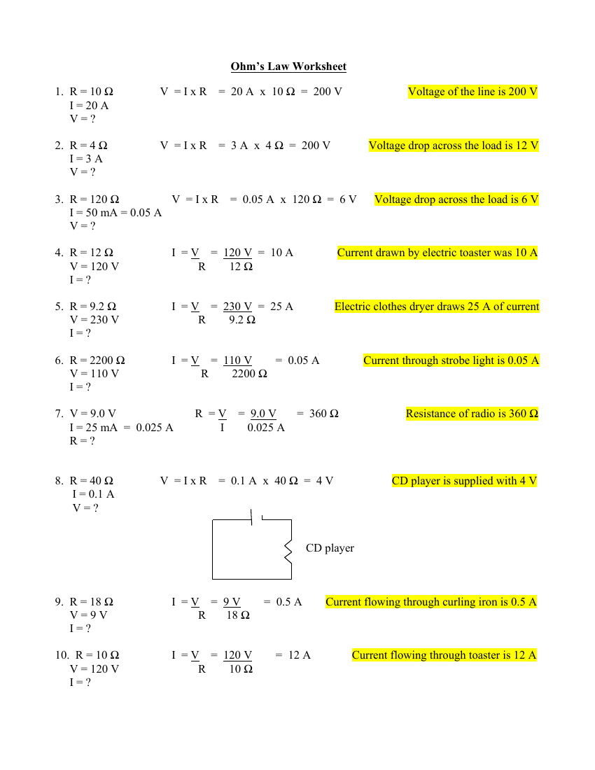 Ohms Law Worksheet Answers Science 7th Grade Worksheets Library