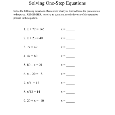 One Step Equations Worksheet