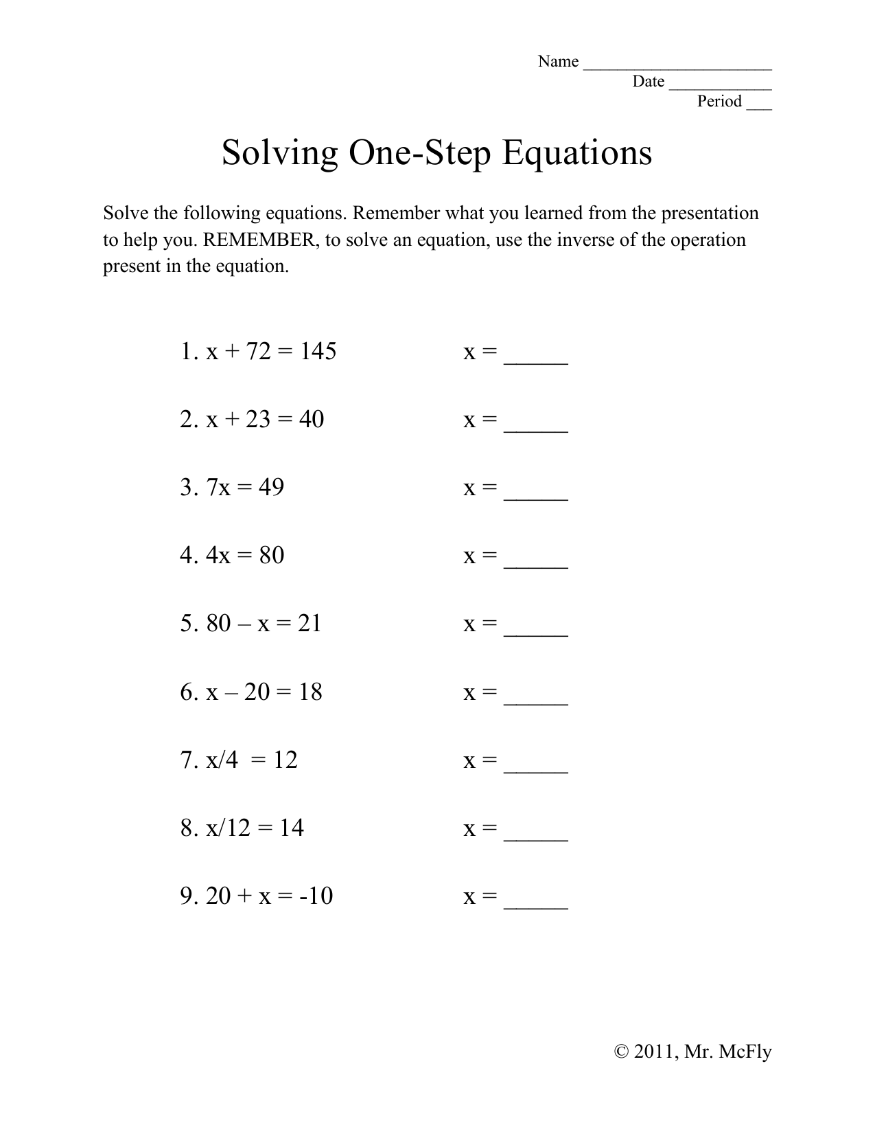 One Step Equations Worksheet One Step Equations Worksheet