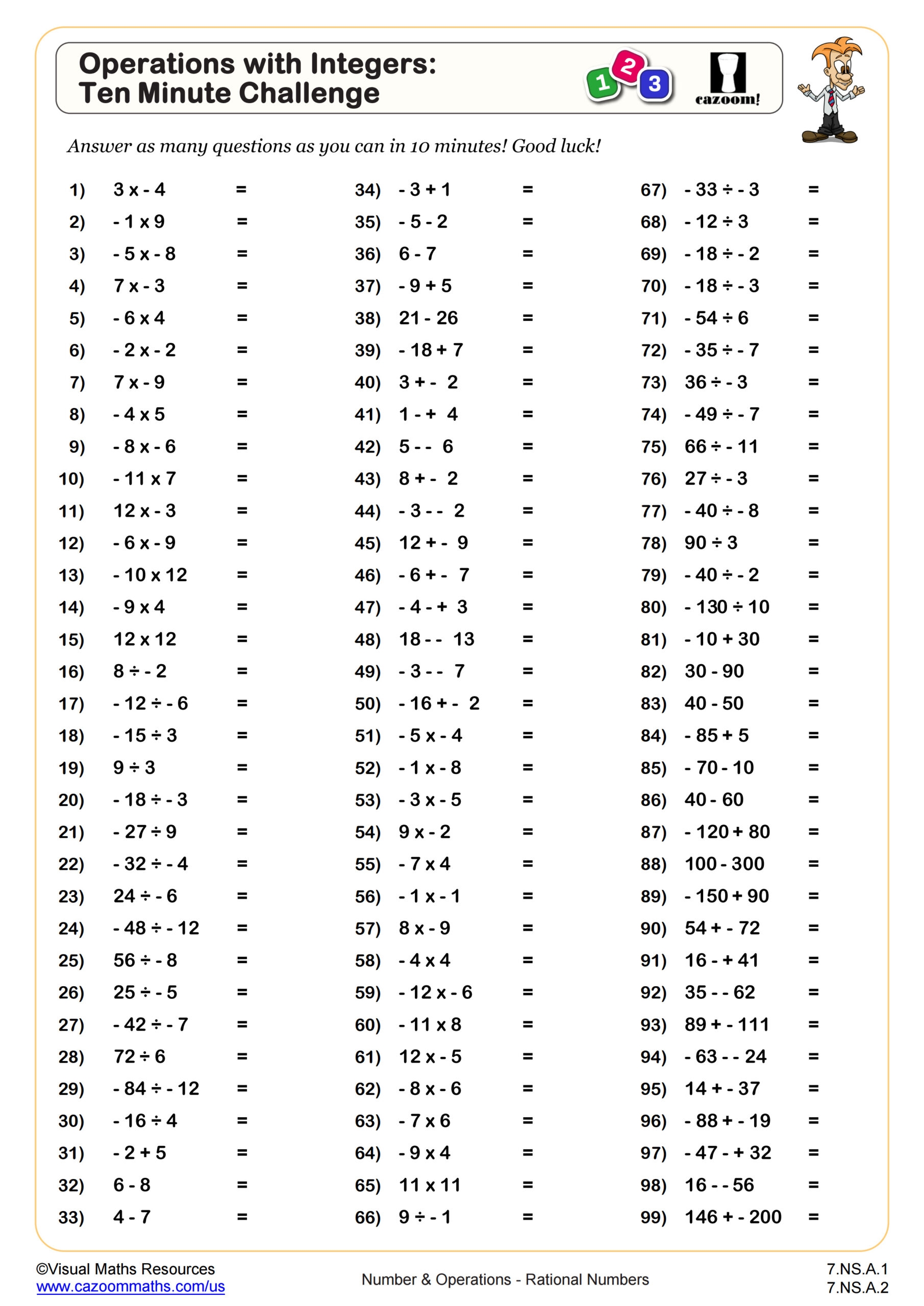 adding subtracting integers worksheet pdf