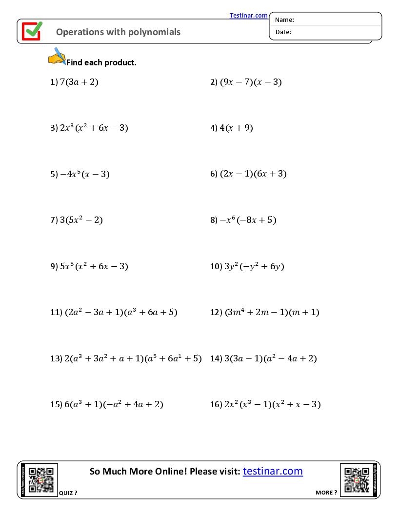 Operations With Polynomials Worksheets