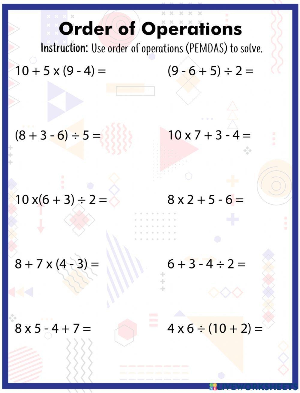 order of operations worksheet with answers order of operations worksheet with answers