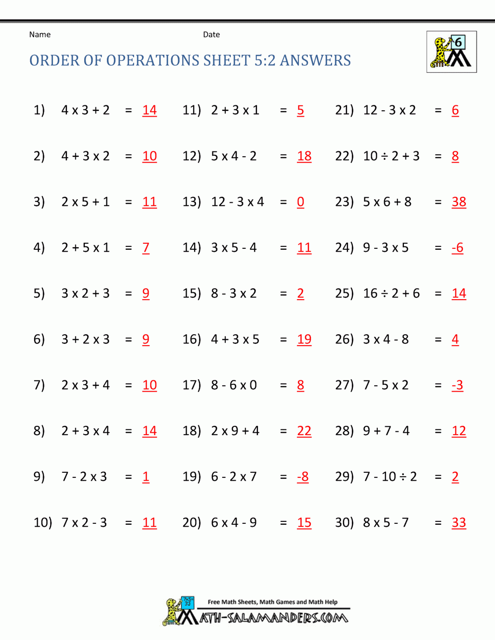 Order Of Operations Sheet 5 2 Answers