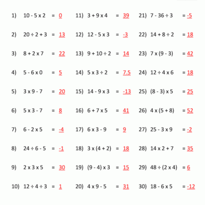 Order Of Operations Sheet 5 3 Answers