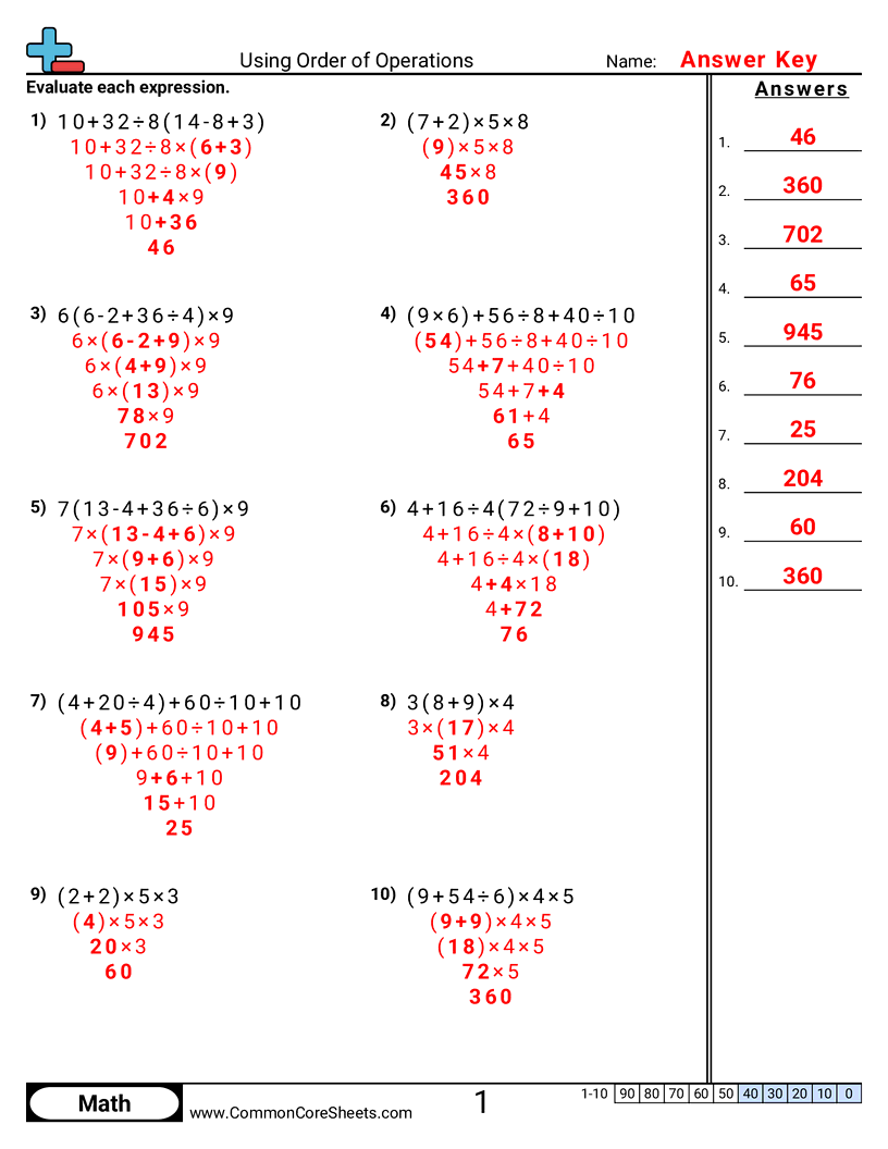 order of operations worksheets with answers