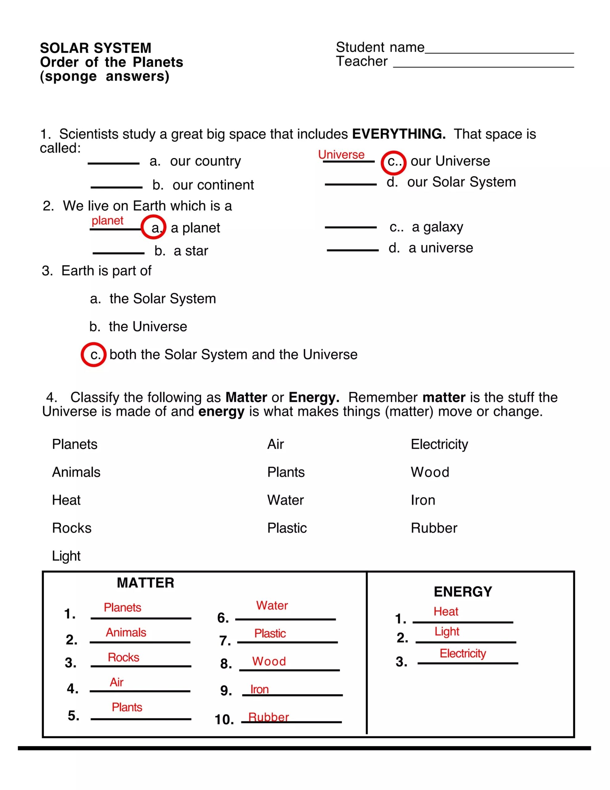 Order Of Planets Worksheet Answers PDF