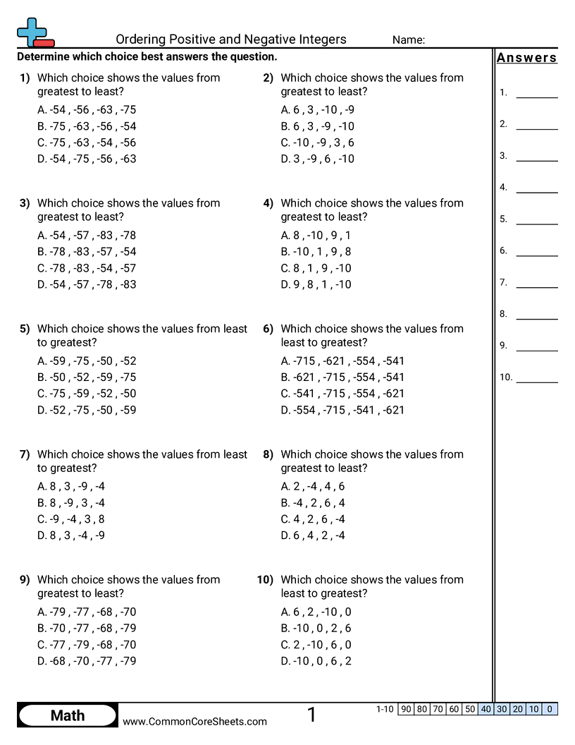 integers worksheet pdf