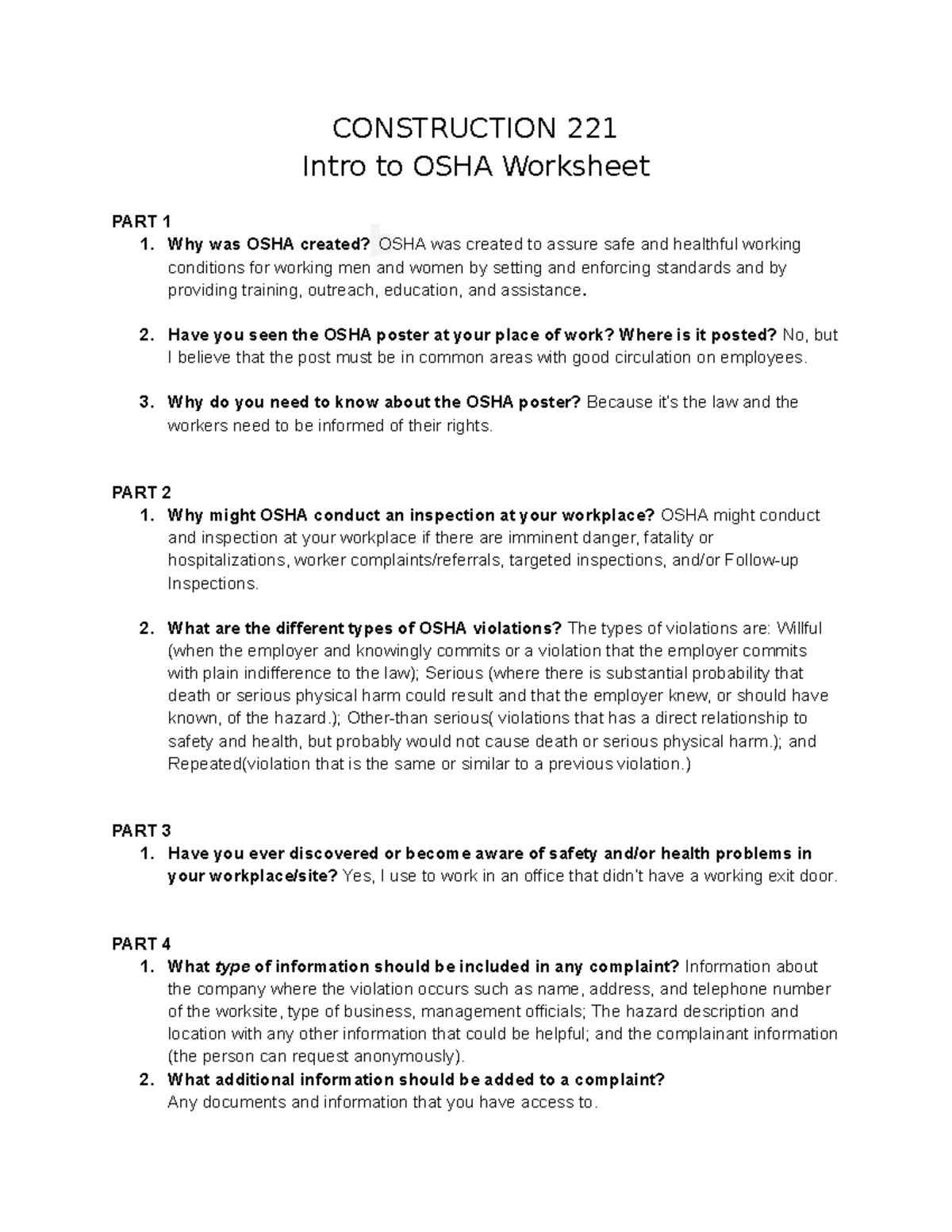 OSHA 221 Week 02 Introductory Worksheet On Workplace Safety Studocu