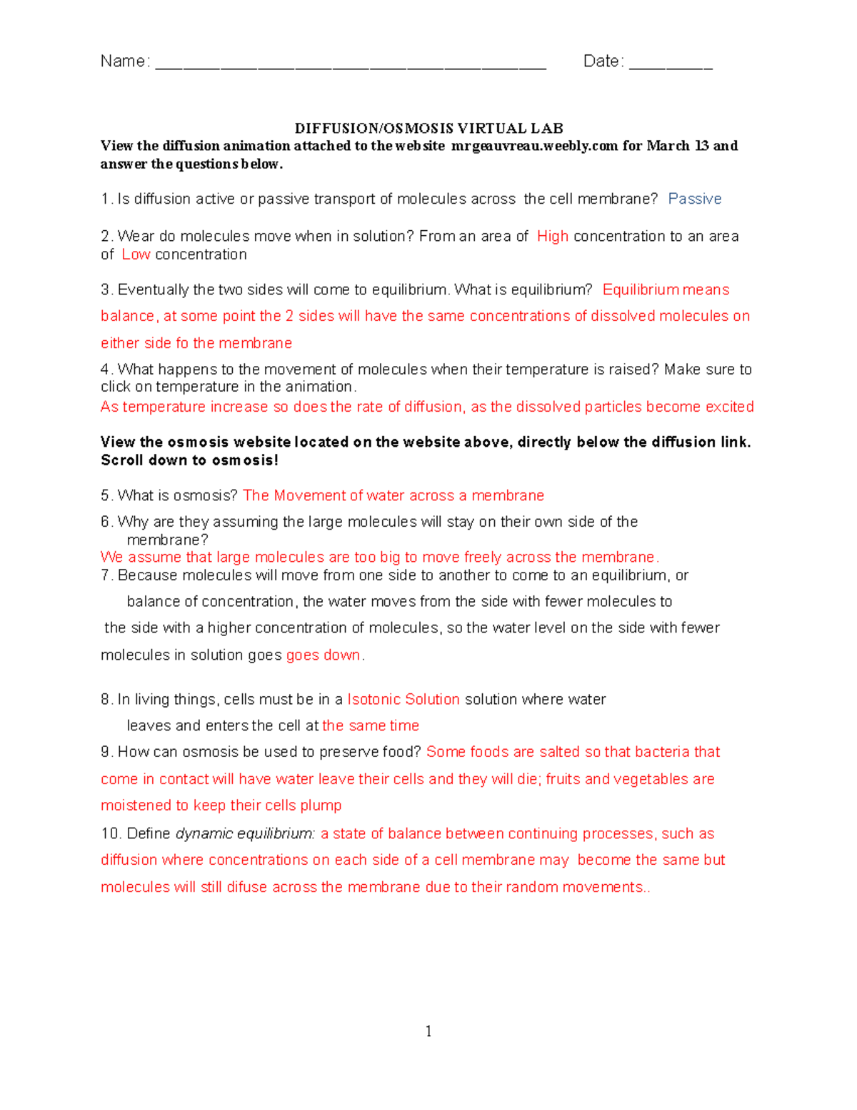 diffusion and osmosis worksheet answers key