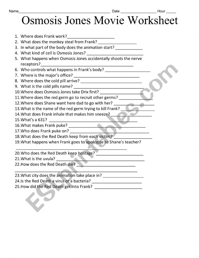Osmosis Jones ESL Worksheet By Ms Kasper