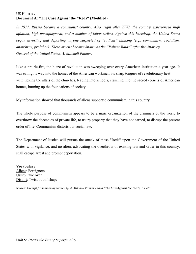 Palmer Raids Red Scare US History Worksheet Palmer Raids Red Scare US History Worksheet