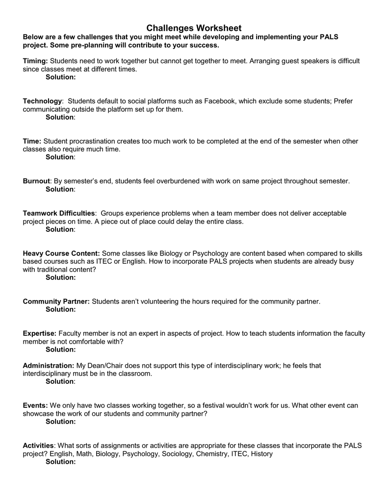 PALS Project Challenges Solutions Worksheet