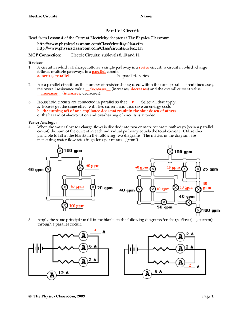 Parallel Circuits Worksheet Physics Classroom