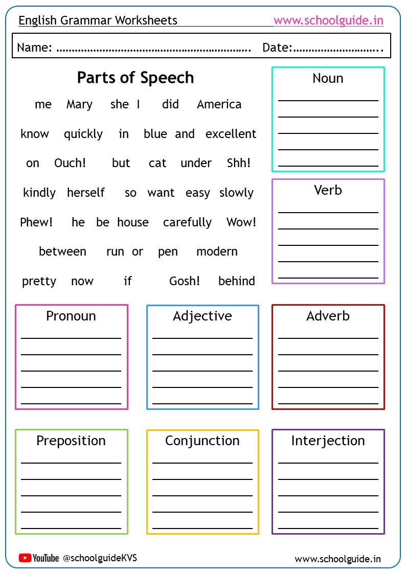 Parts Of Speech Worksheets