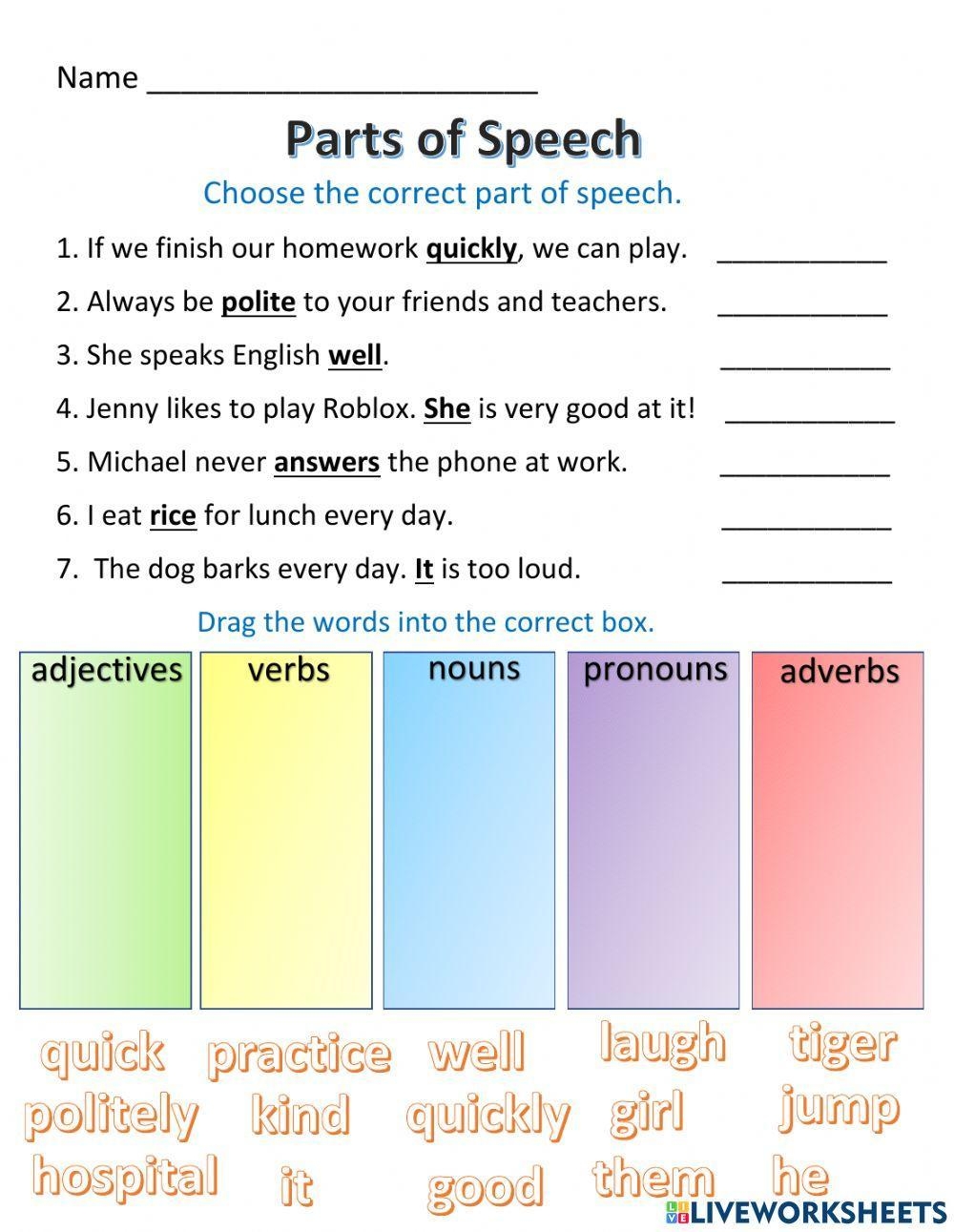 Parts Of Speech Worksheets Worksheets Library
