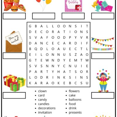 Party Vocabulary Word Search And Match The Words Activity For Kids And English Language Learners PDF Ezpzlearn
