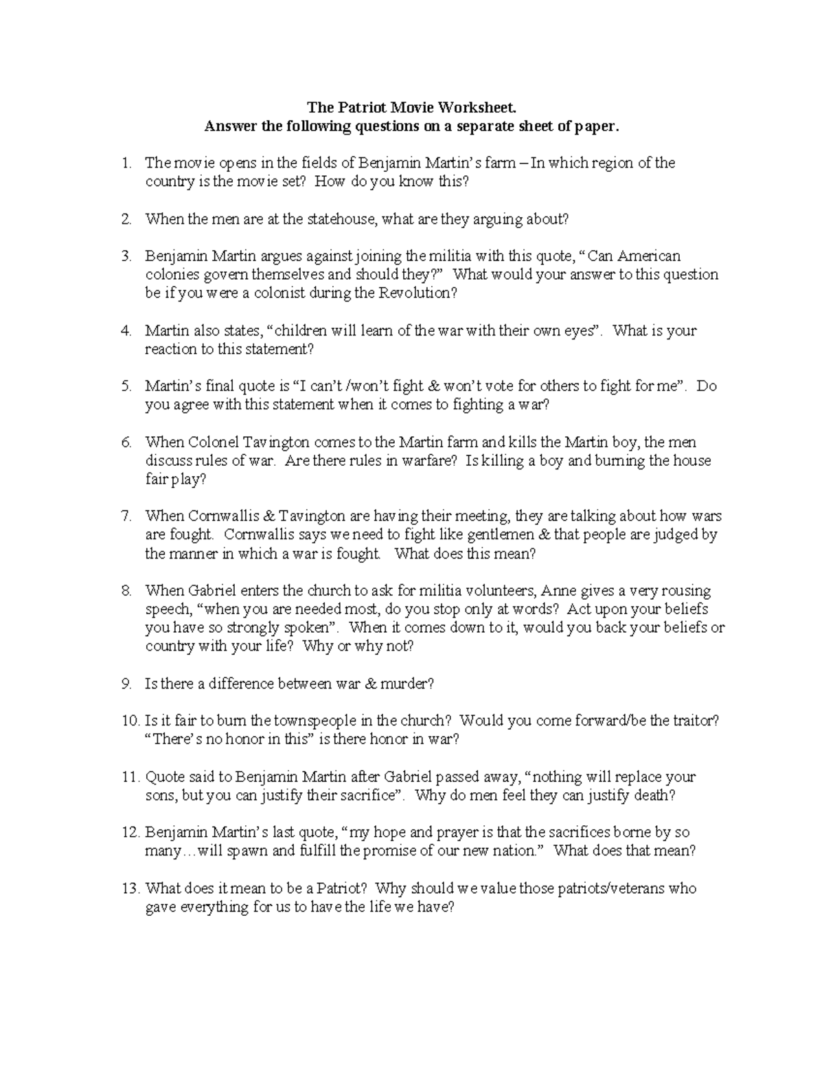 Patriot Movie Study Guide 2 Analyzing Themes And Character Quotes Studocu