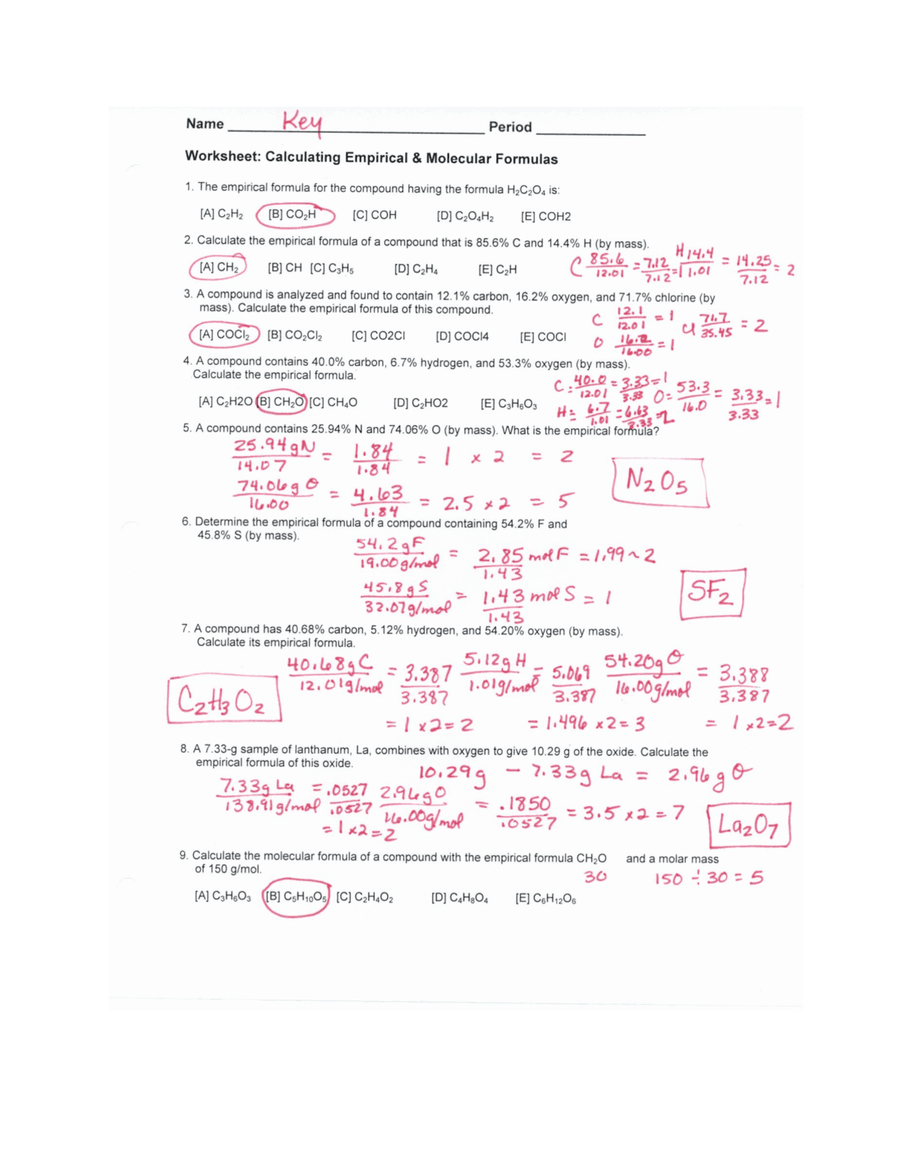 unit 5 empirical formulas worksheet answers