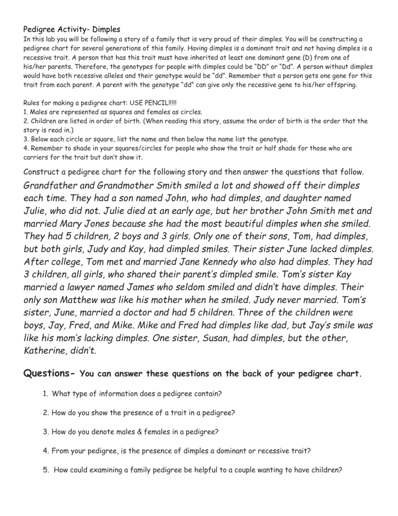 Pedigree Chart Activity Dimples Inheritance Pedigree Chart Activity Dimples Inheritance