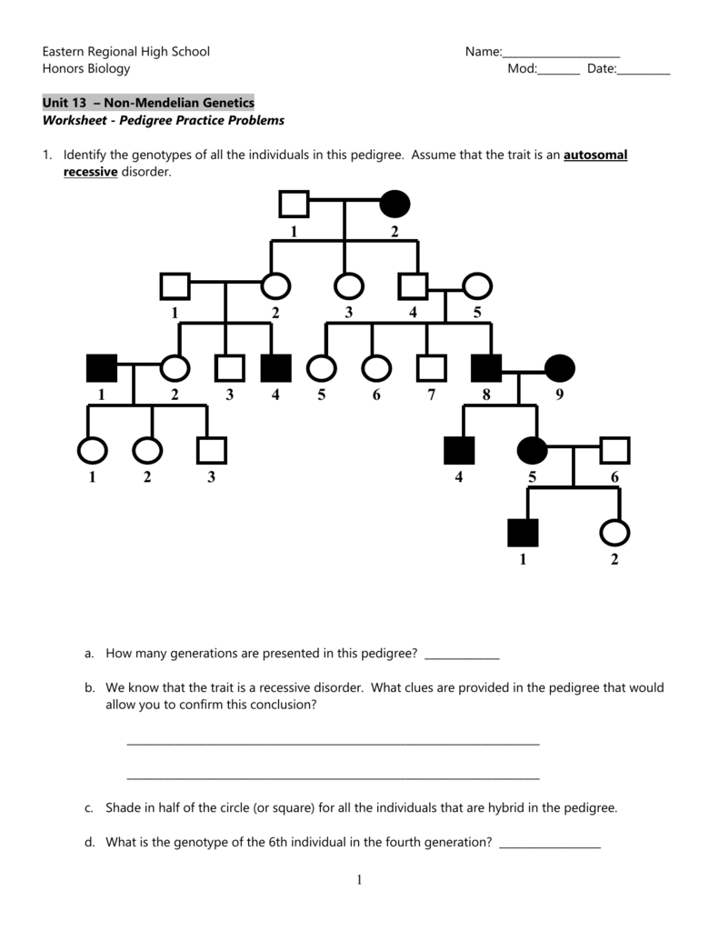 Pedigree Practice Problems Non Mendelian Genetics Worksheet