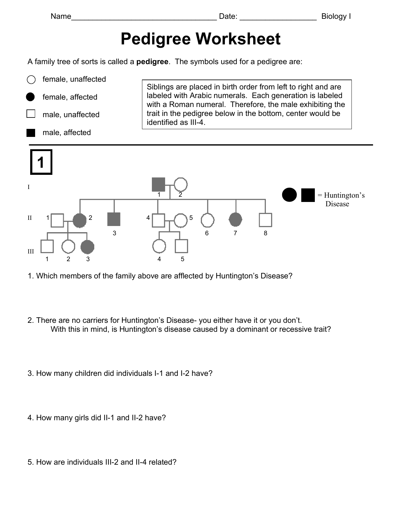 Pedigree Worksheet Biology I Genetics Practice