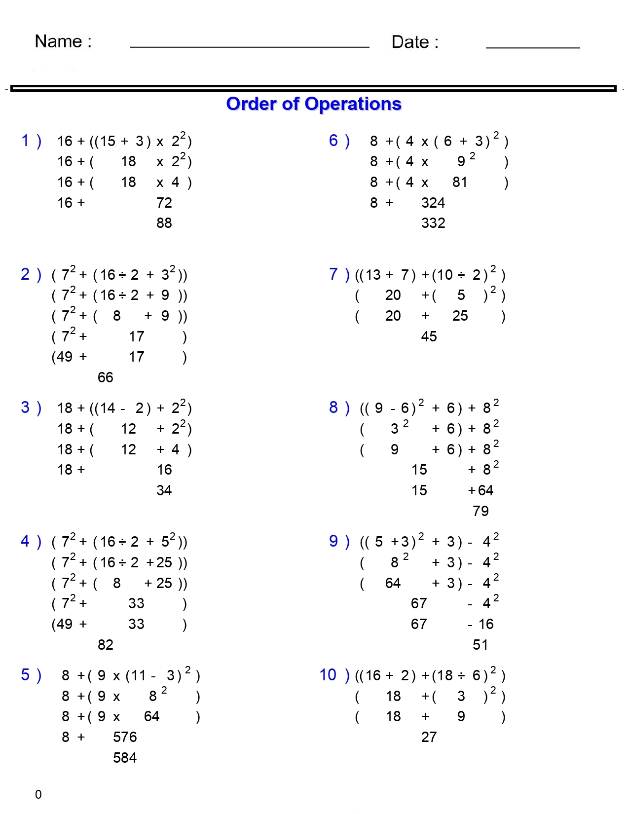 PEMDAS Problems Order Of Operations Worksheets Basic With Nested Parentheses And Exponents Made By Teachers