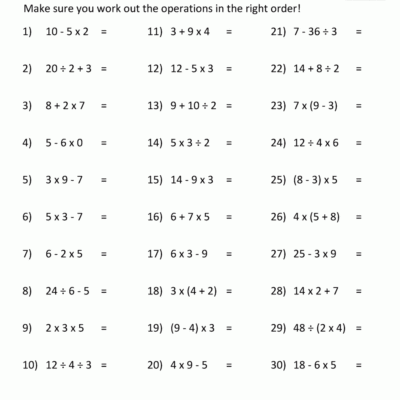 PEMDAS Problems Worksheets 5th Grade