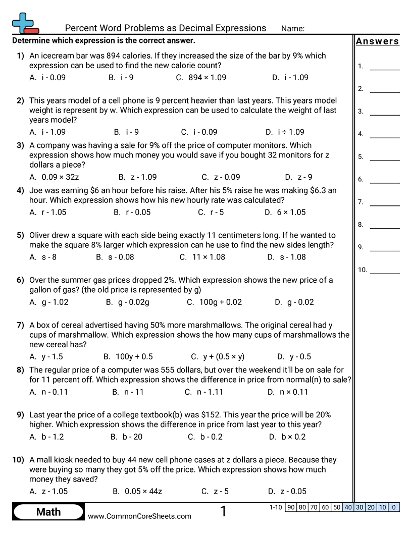 Percent Word Problems As Decimal Expressions Worksheet Download