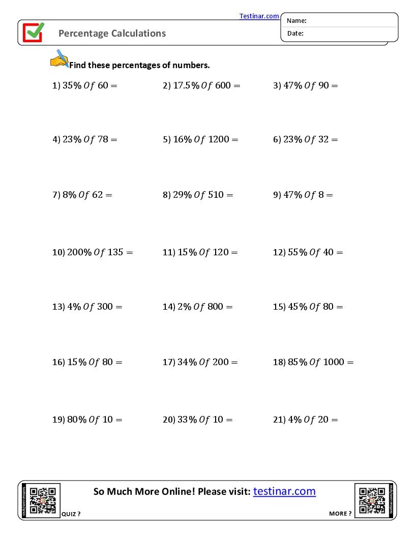 Percentage Calculations Worksheets