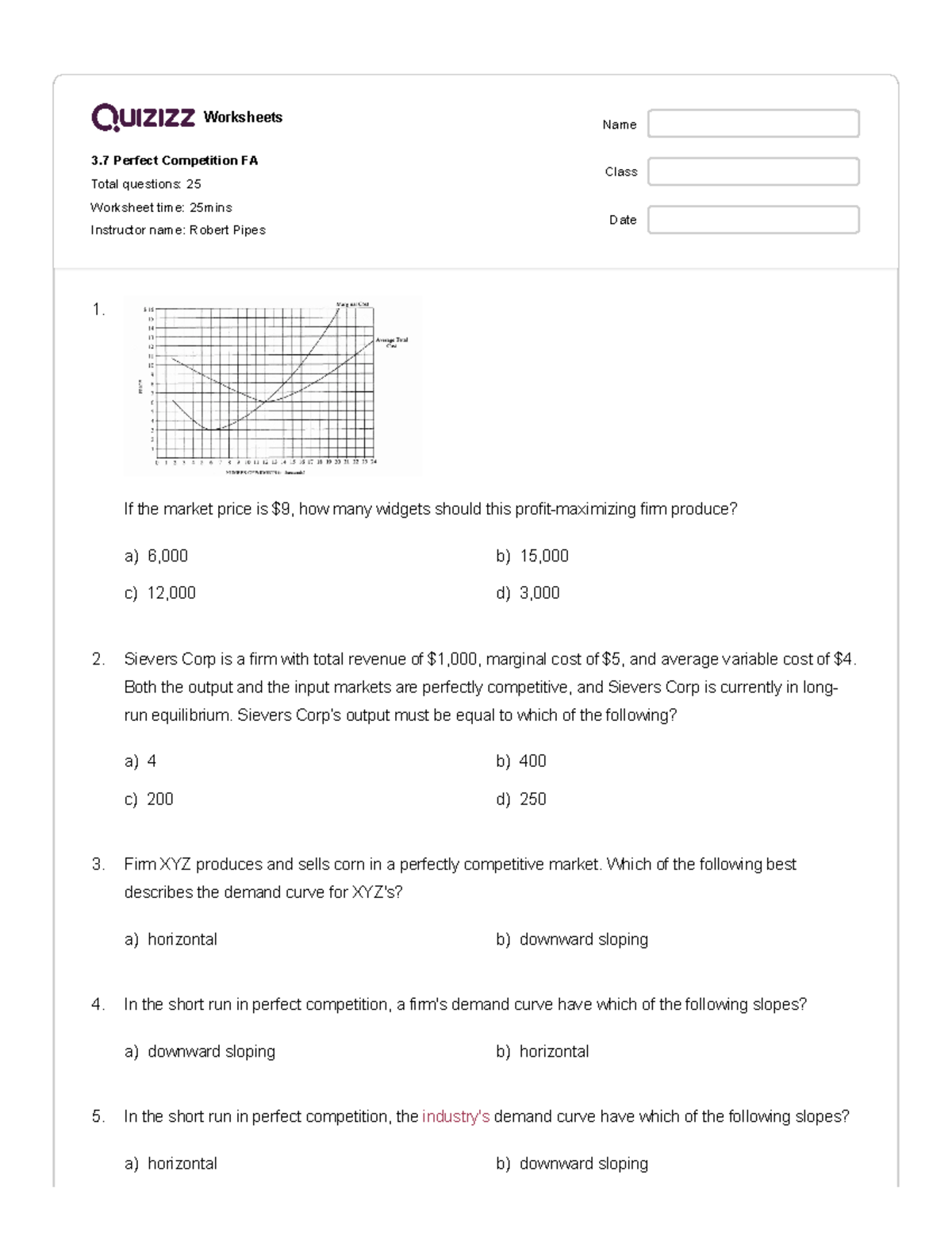 Perfect Competition FA Worksheet 3 7 Analysis And Problems Studocu