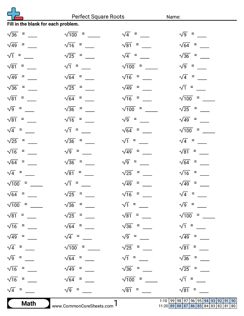 Perfect Square Roots Worksheet Download